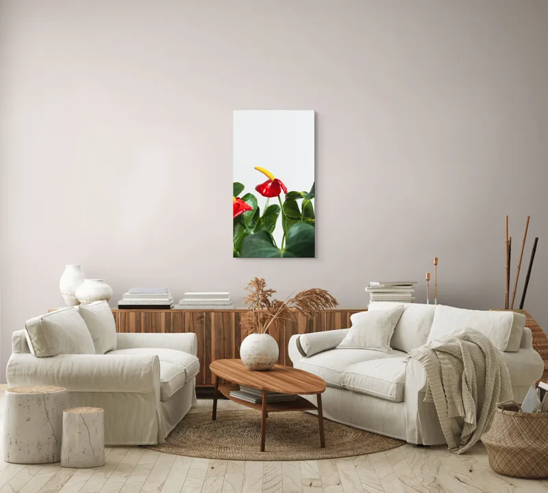 Tablou Canvas, "Flori tropicale în grădina verde", Roșu, Strălucitor, Lucios, Frunziș, Verde, Contrast, Elegant, Natural, Proaspăt, 50 x 90 cm – poza 7