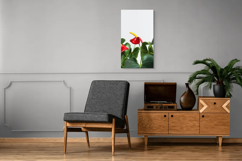 Tablou Canvas, "Flori tropicale în grădina verde", Roșu, Strălucitor, Lucios, Frunziș, Verde, Contrast, Elegant, Natural, Proaspăt, 50 x 90 cm – poza 8