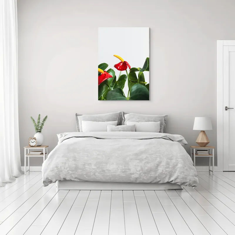 Tablou Canvas, "Flori tropicale în grădina verde", Roșu, Strălucitor, Lucios, Frunziș, Verde, Contrast, Elegant, Natural, Proaspăt, 70 x 100 cm – poza 3