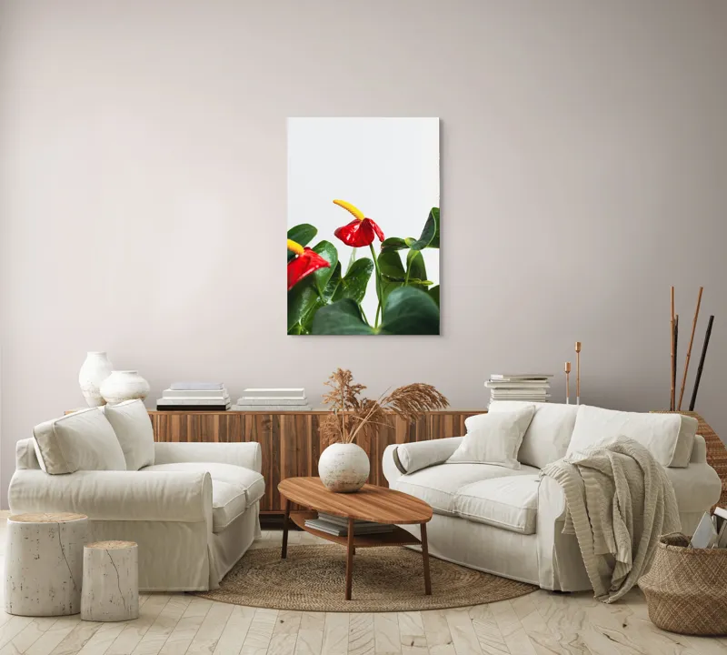 Tablou Canvas, "Flori tropicale în grădina verde", Roșu, Strălucitor, Lucios, Frunziș, Verde, Contrast, Elegant, Natural, Proaspăt, 70 x 100 cm – poza 4