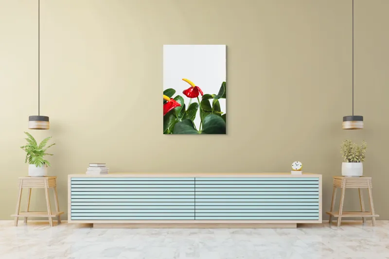 Tablou Canvas, "Flori tropicale în grădina verde", Roșu, Strălucitor, Lucios, Frunziș, Verde, Contrast, Elegant, Natural, Proaspăt, 70 x 100 cm – poza 5