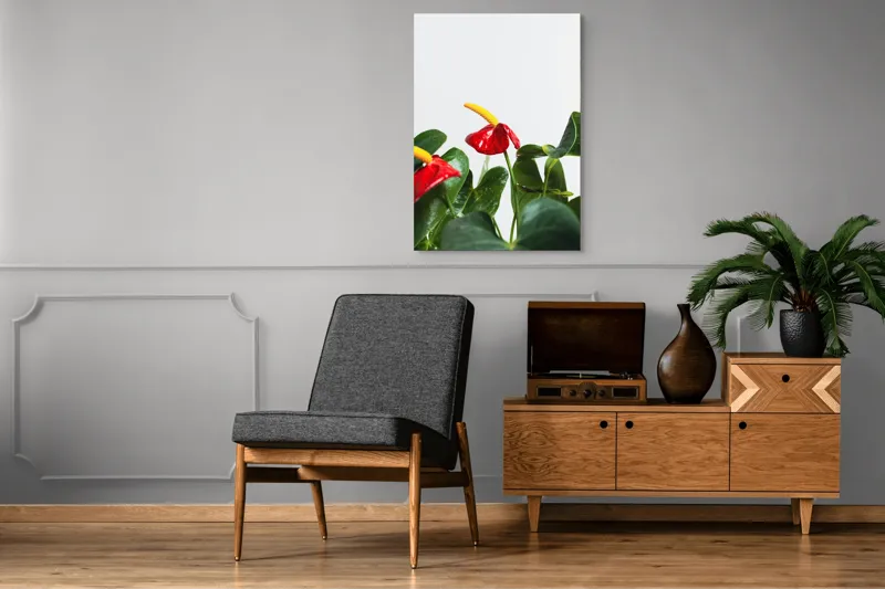 Tablou Canvas, "Flori tropicale în grădina verde", Roșu, Strălucitor, Lucios, Frunziș, Verde, Contrast, Elegant, Natural, Proaspăt, 70 x 100 cm – poza 6