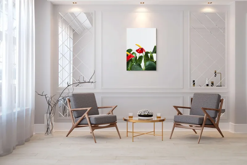 Tablou Canvas, "Flori tropicale în grădina verde", Roșu, Strălucitor, Lucios, Frunziș, Verde, Contrast, Elegant, Natural, Proaspăt, 70 x 100 cm – poza 8
