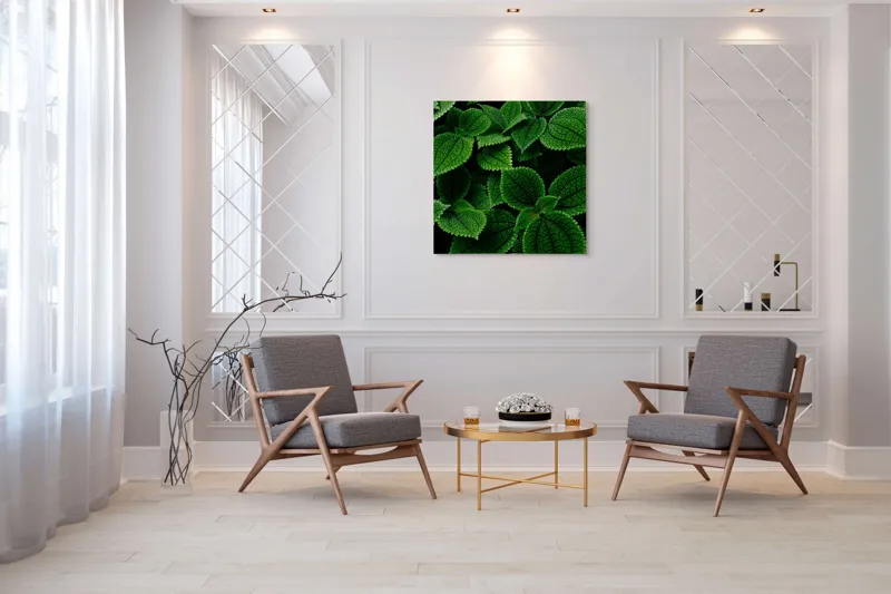 Tablou Canvas, "Frumusețea ascunsă a frunzelor verzi", Frunze, Verde, Textură, Natură, Detalii, Viu, Frumusețe, Vegetație, Lumină, Proaspăt, 100 x 100 cm – poza 7