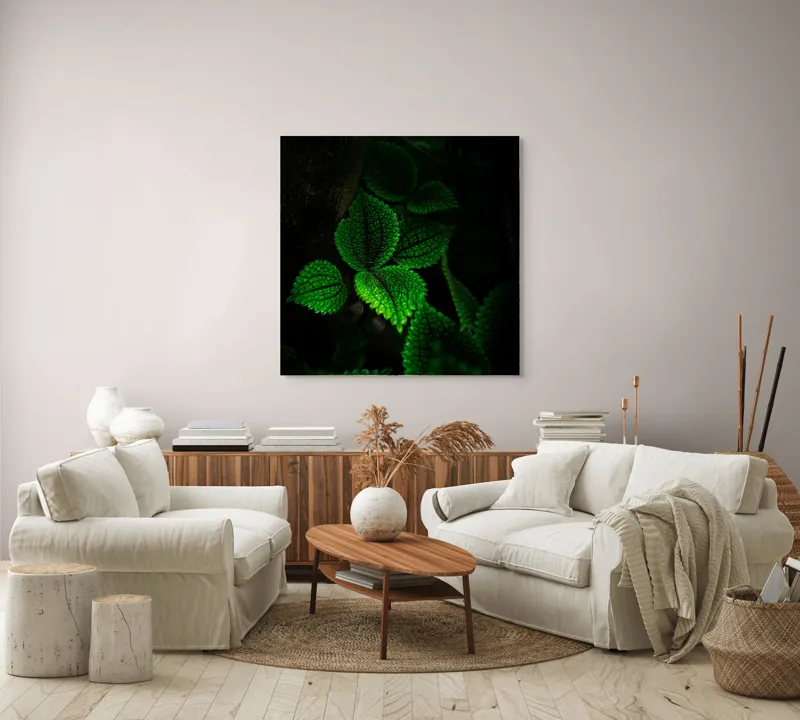 Tablou Canvas, "Frunzele misterului în umbra pădurii", Verde, Frunze, Lumină, Textură, Umbră, Natură, Vitalitate, 100 x 100 cm – poza 3