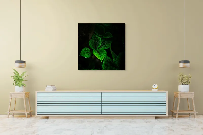 Tablou Canvas, "Frunzele misterului în umbra pădurii", Verde, Frunze, Lumină, Textură, Umbră, Natură, Vitalitate, 100 x 100 cm – poza 5