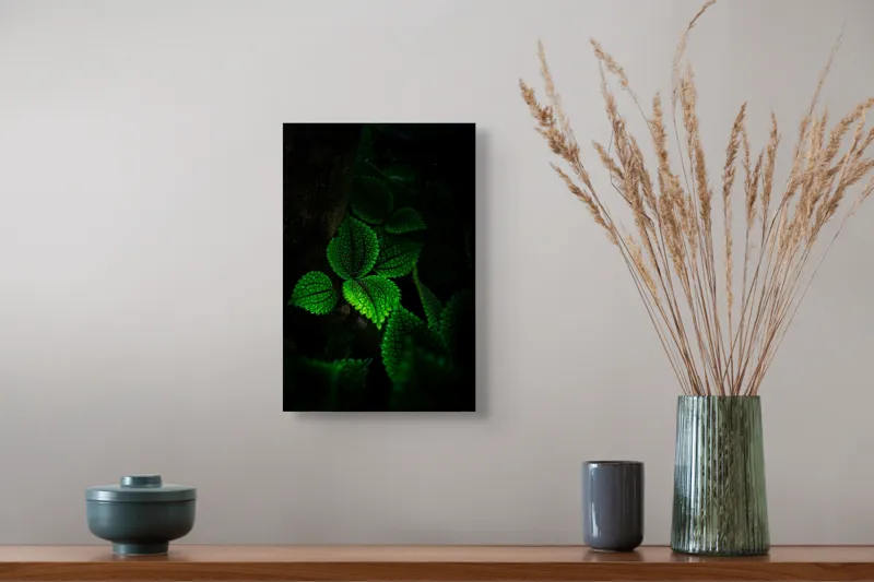 Tablou Canvas, "Frunzele misterului în umbra pădurii", Verde, Frunze, Lumină, Textură, Umbră, Natură, Vitalitate, 26 x 39 cm – poza 5