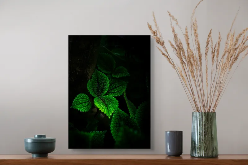 Tablou Canvas, "Frunzele misterului în umbra pădurii", Verde, Frunze, Lumină, Textură, Umbră, Natură, Vitalitate, 39 x 54 cm – poza 3