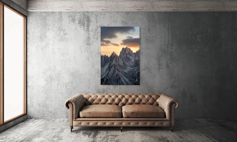 Tablou Canvas, "Lumină aurie peste piscuri stâncoase", Măreție, Stânci, Răsărit, Cer, Nori, Verticalitate, Impresionant, Natură, Frumusețe, Tranquilitate, 100 x 150 cm – poza 6