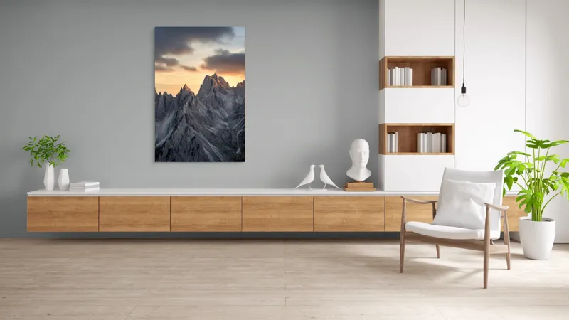 Tablou Canvas, "Lumină aurie peste piscuri stâncoase", Măreție, Stânci, Răsărit, Cer, Nori, Verticalitate, Impresionant, Natură, Frumusețe, Tranquilitate, 100 x 150 cm – poza 8