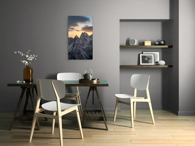 Tablou Canvas, "Lumină aurie peste piscuri stâncoase", Măreție, Stânci, Răsărit, Cer, Nori, Verticalitate, Impresionant, Natură, Frumusețe, Tranquilitate, 50 x 90 cm – poza 4