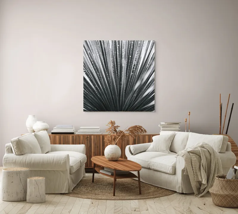 Tablou Canvas, "Frunze de palmier în zori gri", Radiant, Linear, Symmetrical, Textured, Organic, 100 x 100 cm – poza 3