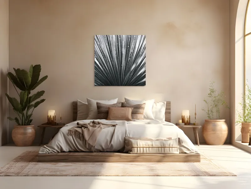 Tablou Canvas, "Frunze de palmier în zori gri", Radiant, Linear, Symmetrical, Textured, Organic, 100 x 100 cm – poza 4