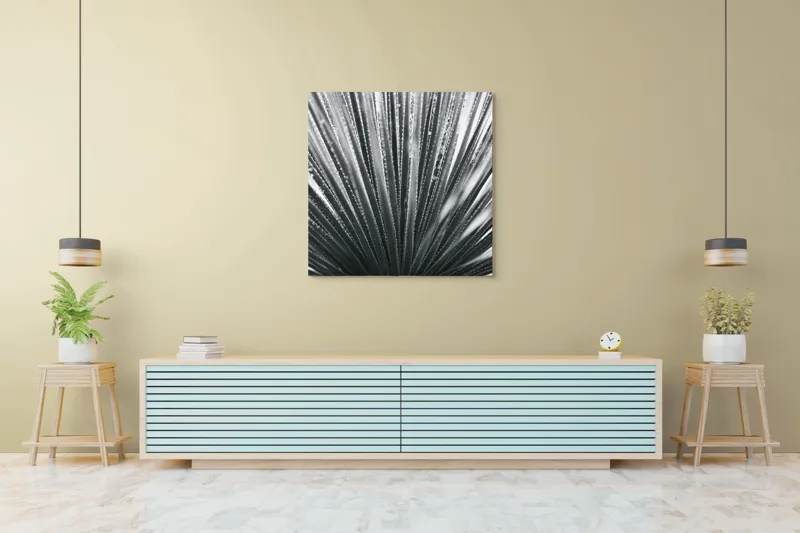 Tablou Canvas, "Frunze de palmier în zori gri", Radiant, Linear, Symmetrical, Textured, Organic, 100 x 100 cm – poza 5