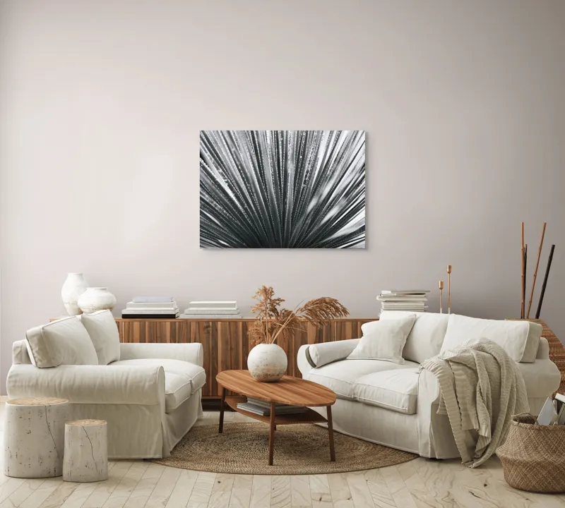 Tablou Canvas, "Frunze de palmier în zori gri", Radiant, Linear, Symmetrical, Textured, Organic, 100 x 70 cm – poza 3