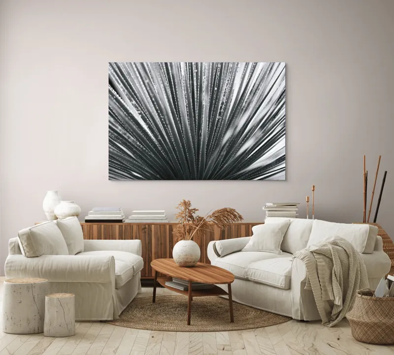 Tablou Canvas, "Frunze de palmier în zori gri", Radiant, Linear, Symmetrical, Textured, Organic, 150 x 100 cm – poza 3