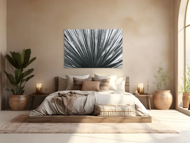 Tablou Canvas, "Frunze de palmier în zori gri", Radiant, Linear, Symmetrical, Textured, Organic, 150 x 100 cm – poza 4
