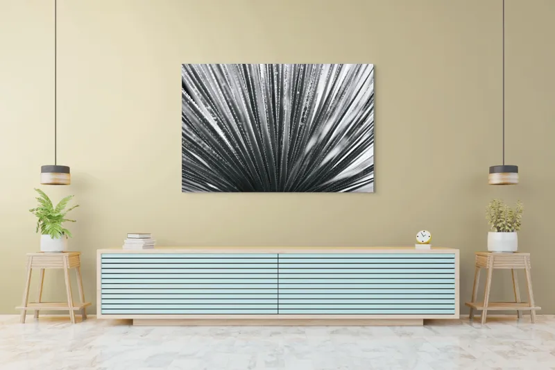 Tablou Canvas, "Frunze de palmier în zori gri", Radiant, Linear, Symmetrical, Textured, Organic, 150 x 100 cm – poza 6