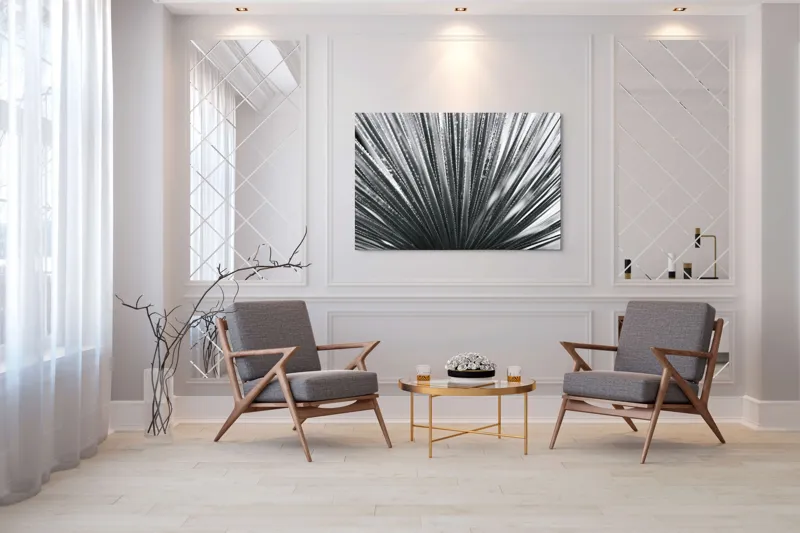 Tablou Canvas, "Frunze de palmier în zori gri", Radiant, Linear, Symmetrical, Textured, Organic, 150 x 100 cm – poza 7