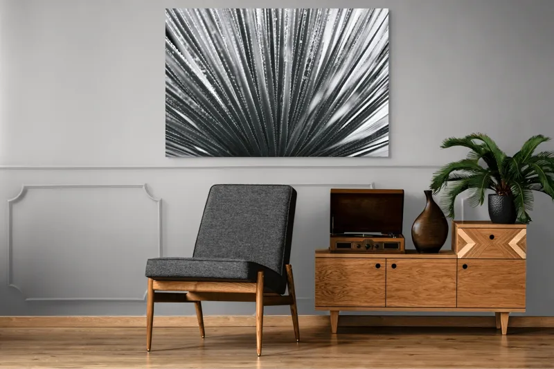 Tablou Canvas, "Frunze de palmier în zori gri", Radiant, Linear, Symmetrical, Textured, Organic, 150 x 100 cm – poza 8