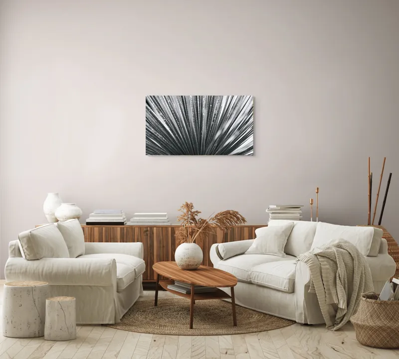Tablou Canvas, "Frunze de palmier în zori gri", Radiant, Linear, Symmetrical, Textured, Organic, 90 x 50 cm – poza 4