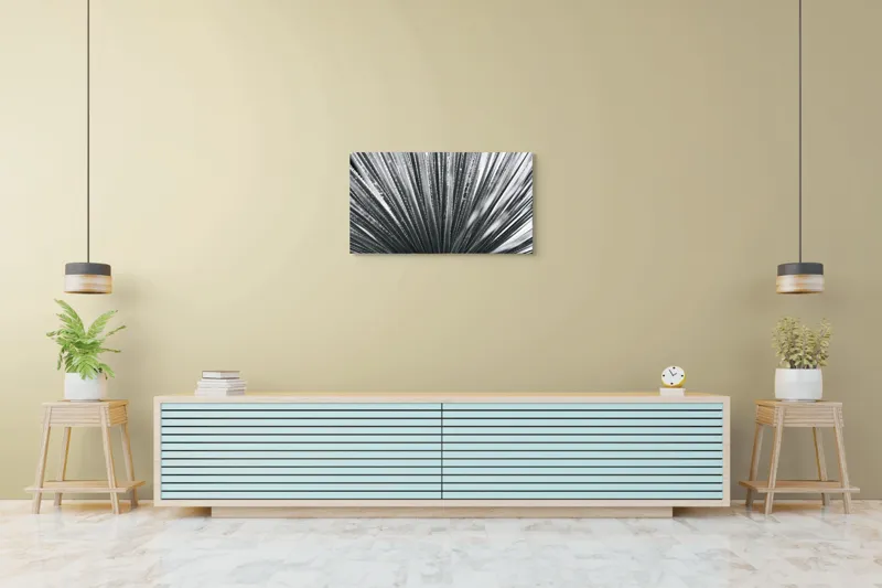 Tablou Canvas, "Frunze de palmier în zori gri", Radiant, Linear, Symmetrical, Textured, Organic, 90 x 50 cm – poza 5