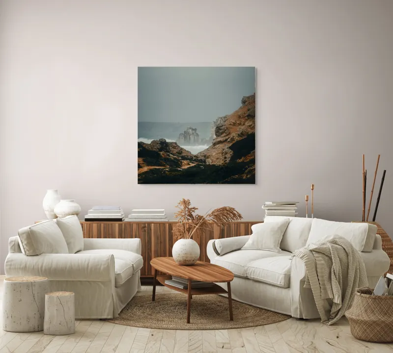 Tablou Canvas, "Peisaj stâncos lângă ocean agitat", Stânci, Valuri, Ceață, Vânt, Mare, Cer, Peisaj, Natură, 100 x 100 cm – poza 3