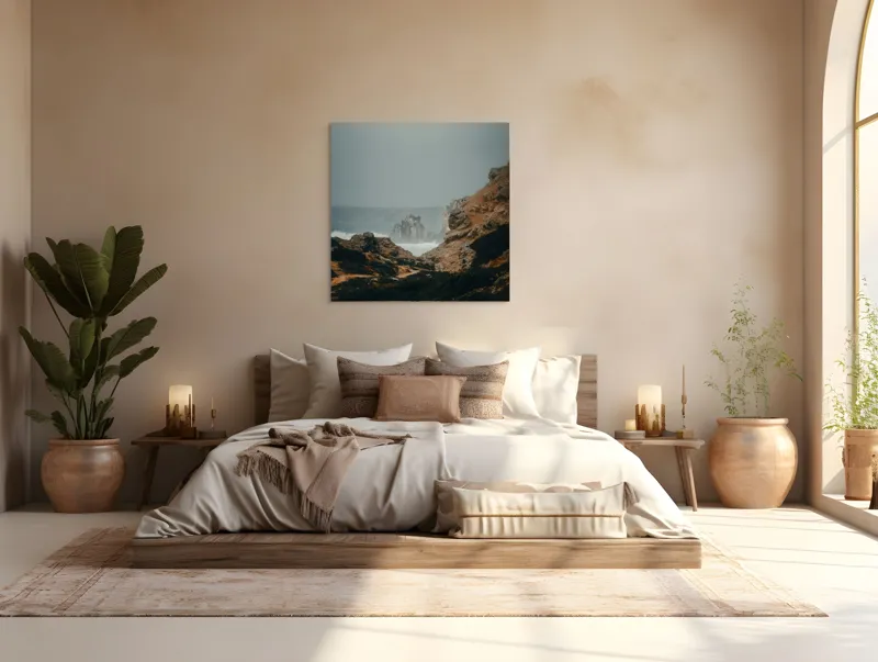 Tablou Canvas, "Peisaj stâncos lângă ocean agitat", Stânci, Valuri, Ceață, Vânt, Mare, Cer, Peisaj, Natură, 100 x 100 cm – poza 4