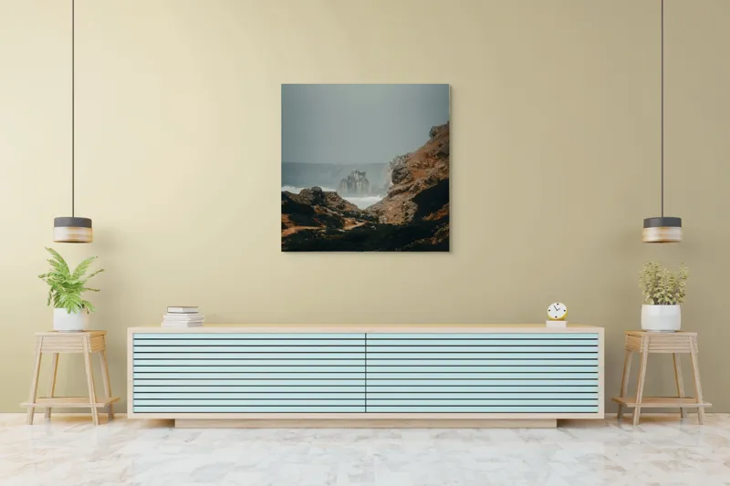 Tablou Canvas, "Peisaj stâncos lângă ocean agitat", Stânci, Valuri, Ceață, Vânt, Mare, Cer, Peisaj, Natură, 100 x 100 cm – poza 5