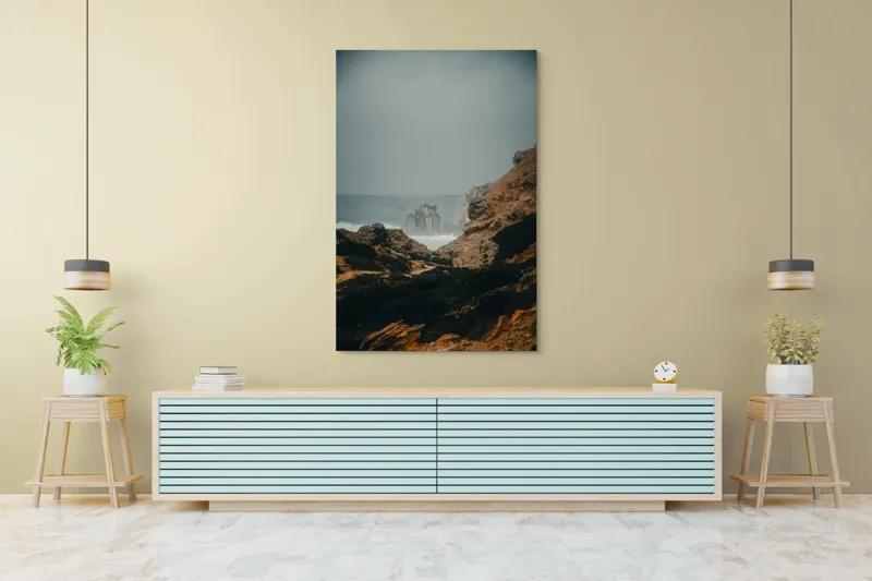 Tablou Canvas, "Peisaj stâncos lângă ocean agitat", Stânci, Valuri, Ceață, Vânt, Mare, Cer, Peisaj, Natură, 100 x 150 cm – poza 4