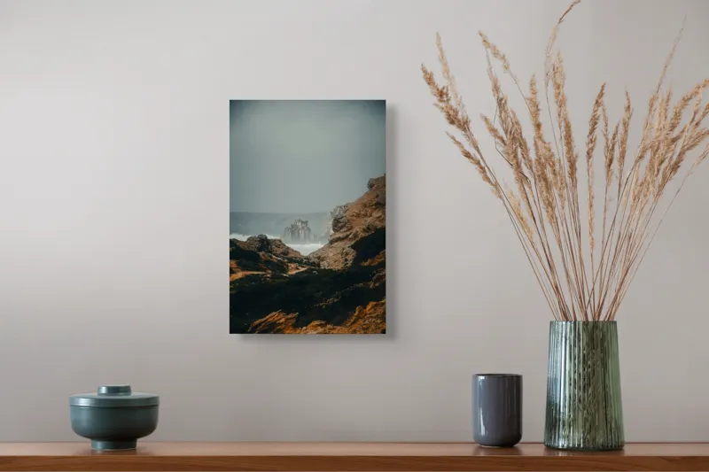 Tablou Canvas, "Peisaj stâncos lângă ocean agitat", Stânci, Valuri, Ceață, Vânt, Mare, Cer, Peisaj, Natură, 26 x 39 cm – poza 5