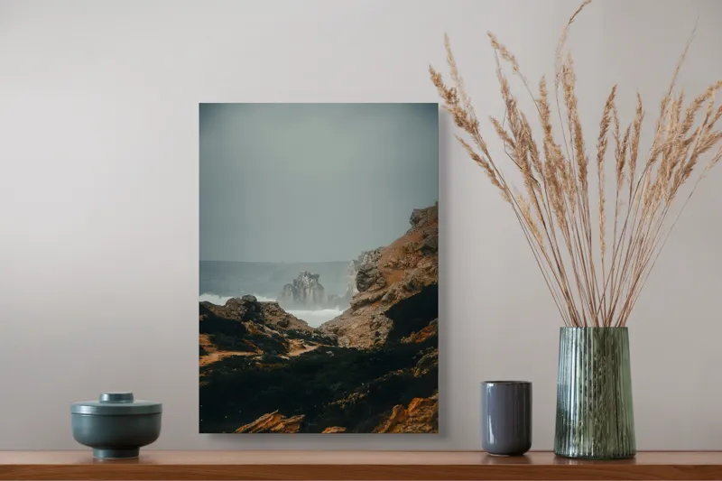 Tablou Canvas, "Peisaj stâncos lângă ocean agitat", Stânci, Valuri, Ceață, Vânt, Mare, Cer, Peisaj, Natură, 39 x 54 cm – poza 3