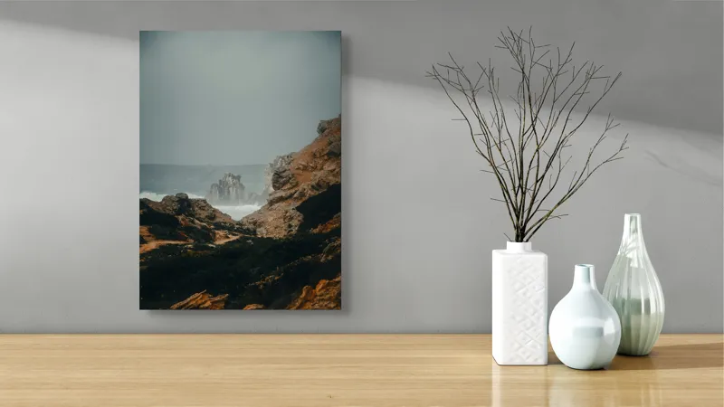 Tablou Canvas, "Peisaj stâncos lângă ocean agitat", Stânci, Valuri, Ceață, Vânt, Mare, Cer, Peisaj, Natură, 39 x 54 cm – poza 4