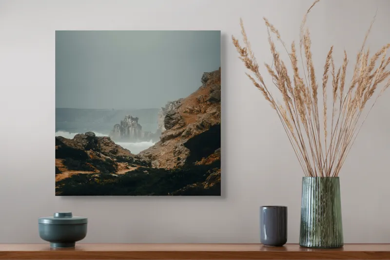 Tablou Canvas, "Peisaj stâncos lângă ocean agitat", Stânci, Valuri, Ceață, Vânt, Mare, Cer, Peisaj, Natură, 50 x 50 cm – poza 4