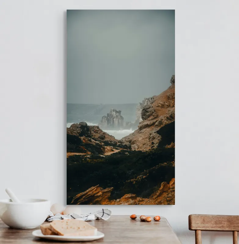 Tablou Canvas, "Peisaj stâncos lângă ocean agitat", Stânci, Valuri, Ceață, Vânt, Mare, Cer, Peisaj, Natură, 50 x 90 cm – poza 3