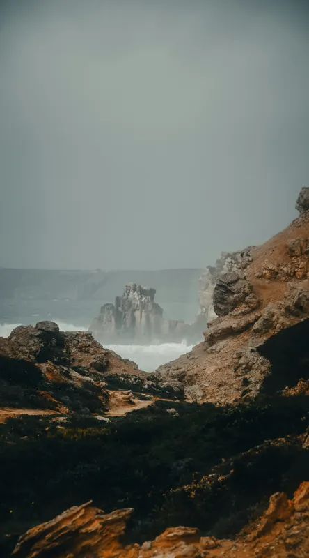 Tablou Canvas, "Peisaj stâncos lângă ocean agitat", Stânci, Valuri, Ceață, Vânt, Mare, Cer, Peisaj, Natură, 50 x 90 cm – poza 2