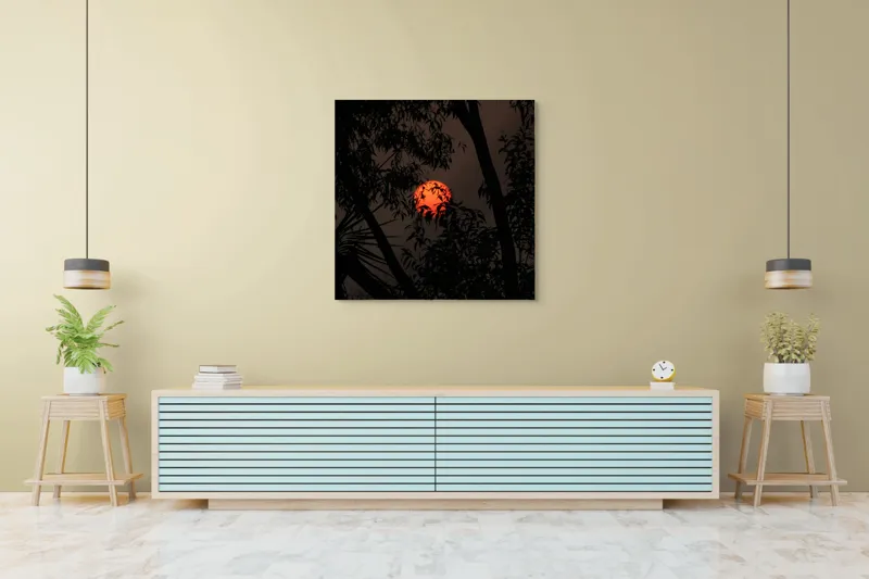 Tablou Canvas, "Soarele printre ramuri întunecate", Apus, Umbre, Siluete, Mister, Natură, Lumină, Intimitate, Înserare, 100 x 100 cm – poza 5