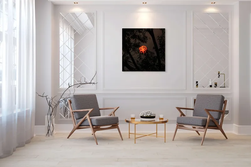 Tablou Canvas, "Soarele printre ramuri întunecate", Apus, Umbre, Siluete, Mister, Natură, Lumină, Intimitate, Înserare, 100 x 100 cm – poza 7