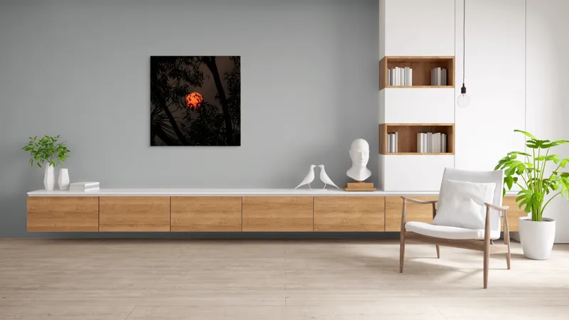 Tablou Canvas, "Soarele printre ramuri întunecate", Apus, Umbre, Siluete, Mister, Natură, Lumină, Intimitate, Înserare, 100 x 100 cm – poza 8