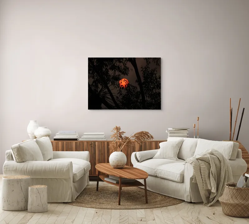Tablou Canvas, "Soarele printre ramuri întunecate", Apus, Umbre, Siluete, Mister, Natură, Lumină, Intimitate, Înserare, 100 x 70 cm – poza 3