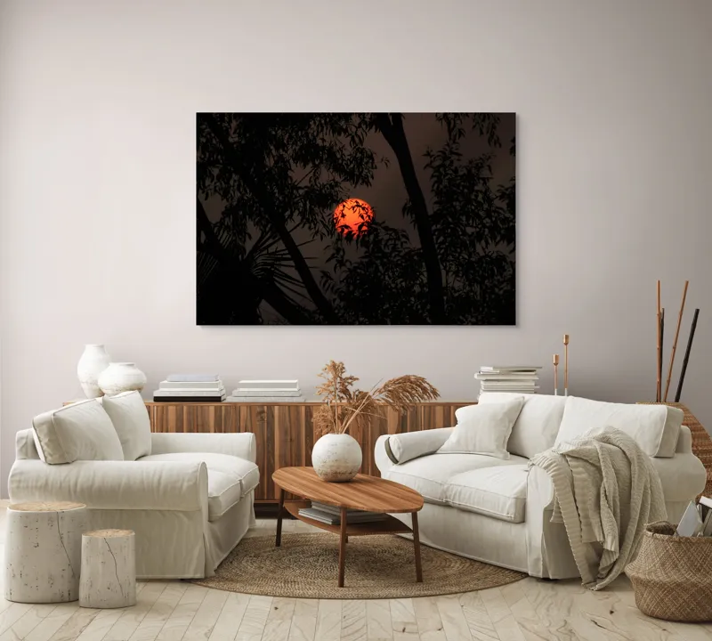 Tablou Canvas, "Soarele printre ramuri întunecate", Apus, Umbre, Siluete, Mister, Natură, Lumină, Intimitate, Înserare, 150 x 100 cm – poza 3