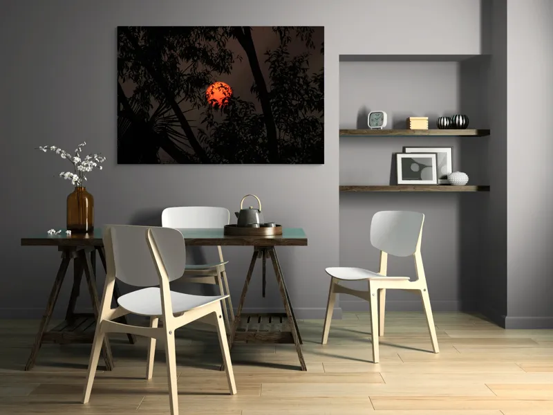 Tablou Canvas, "Soarele printre ramuri întunecate", Apus, Umbre, Siluete, Mister, Natură, Lumină, Intimitate, Înserare, 150 x 100 cm – poza 5