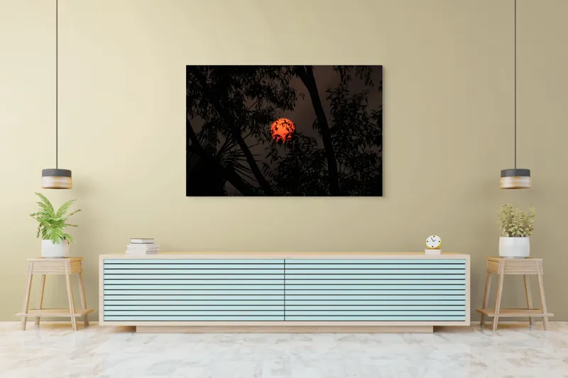 Tablou Canvas, "Soarele printre ramuri întunecate", Apus, Umbre, Siluete, Mister, Natură, Lumină, Intimitate, Înserare, 150 x 100 cm – poza 6