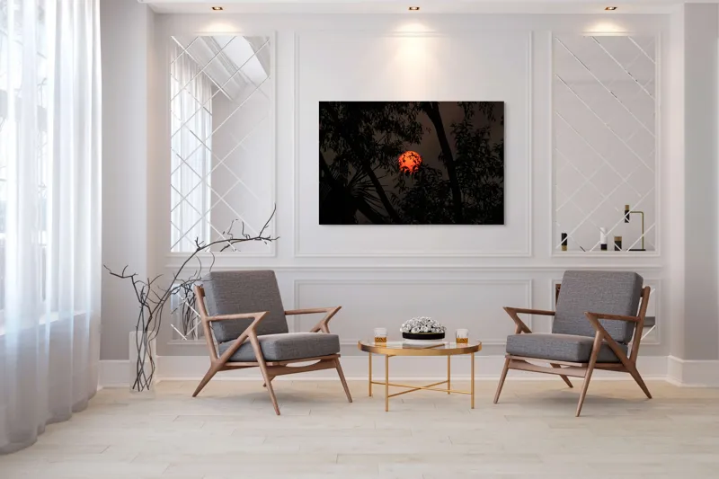 Tablou Canvas, "Soarele printre ramuri întunecate", Apus, Umbre, Siluete, Mister, Natură, Lumină, Intimitate, Înserare, 150 x 100 cm – poza 7