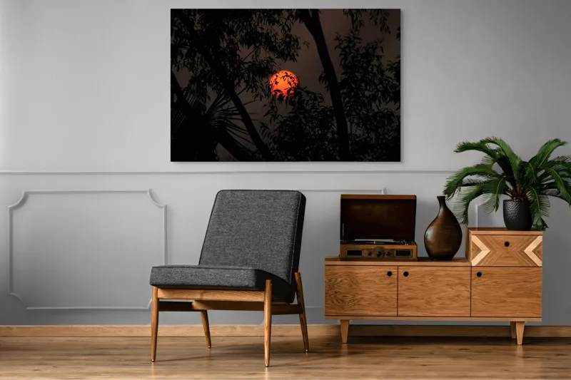 Tablou Canvas, "Soarele printre ramuri întunecate", Apus, Umbre, Siluete, Mister, Natură, Lumină, Intimitate, Înserare, 150 x 100 cm – poza 8