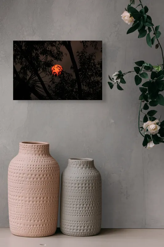 Tablou Canvas, "Soarele printre ramuri întunecate", Apus, Umbre, Siluete, Mister, Natură, Lumină, Intimitate, Înserare, 39 x 26 cm – poza 4