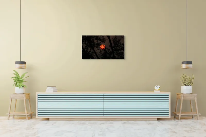 Tablou Canvas, "Soarele printre ramuri întunecate", Apus, Umbre, Siluete, Mister, Natură, Lumină, Intimitate, Înserare, 90 x 50 cm – poza 5