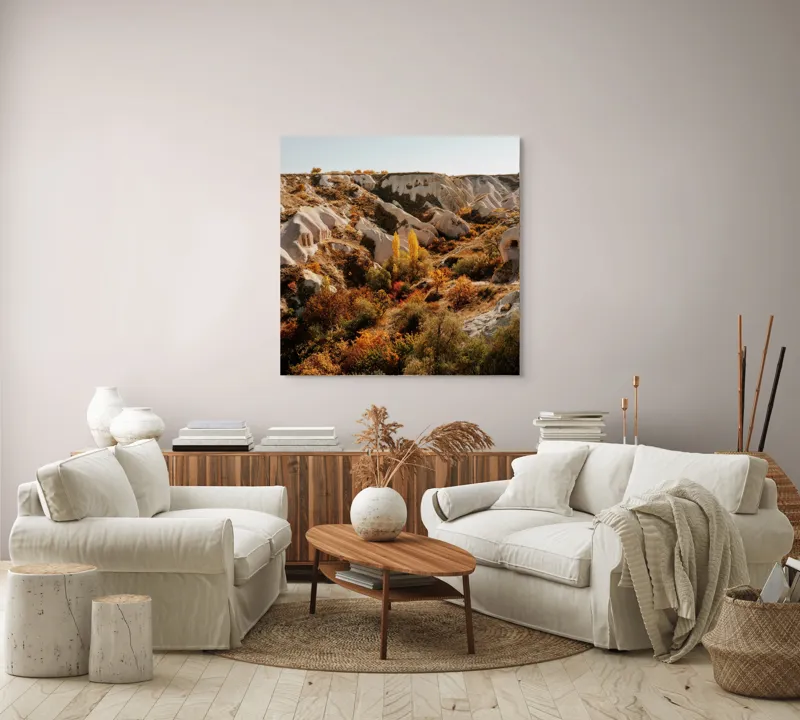 Tablou Canvas, "Peisaj de toamnă în Cappadocia", Peisaj, Rocă, Vegetație, Toamnă, Dealuri, Culoare, Natură, Sălbăticie, Pădure, Texturi, 100 x 100 cm – poza 3