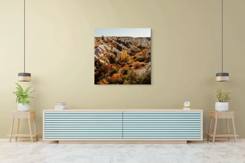 Tablou Canvas, "Peisaj de toamnă în Cappadocia", Peisaj, Rocă, Vegetație, Toamnă, Dealuri, Culoare, Natură, Sălbăticie, Pădure, Texturi, 100 x 100 cm – poza 5