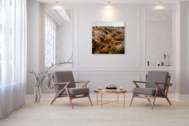 Tablou Canvas, "Peisaj de toamnă în Cappadocia", Peisaj, Rocă, Vegetație, Toamnă, Dealuri, Culoare, Natură, Sălbăticie, Pădure, Texturi, 100 x 100 cm – poza 7